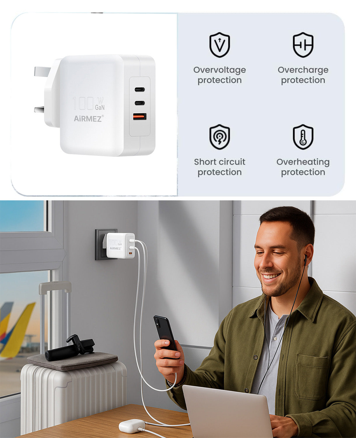 AiRMEZ® 100W Ultra Fast Power Adapter – Laptop & Multi-Device Charger