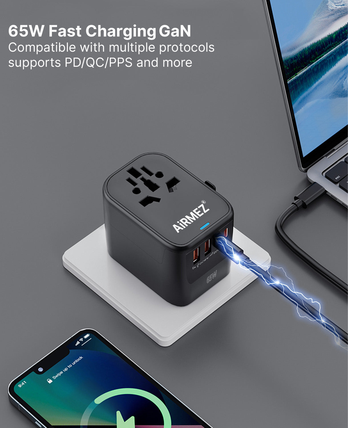 AiRMEZ® 65W Universal Travel Adapter – GaN Fast Charging + Worldwide Support